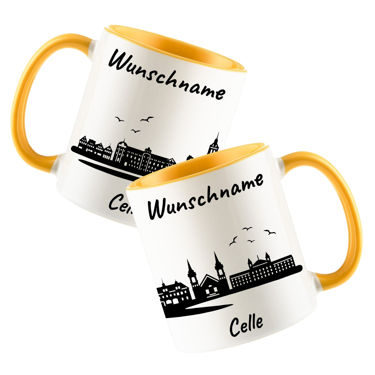 Tasse in Goldgelb 330ml bedruckt mit der Skyline von Celle personalisierbar mit Wunschname