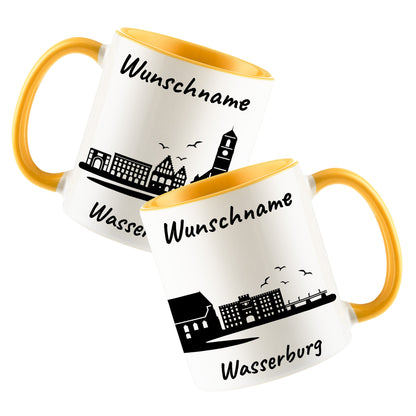 Tasse in Goldgelb 330ml bedruckt mit der Skyline von Wasserburg personalisierbar mit Wunschname
