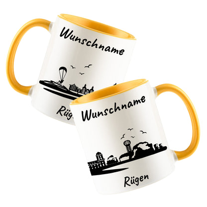Tasse in Goldgelb 330ml bedruckt mit der Skyline von Rügen personalisierbar mit Wunschname