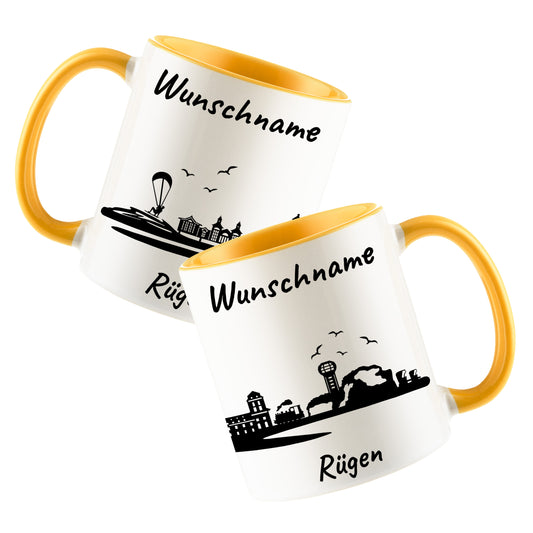 Tasse in Goldgelb 330ml bedruckt mit der Skyline von Rügen personalisierbar mit Wunschname