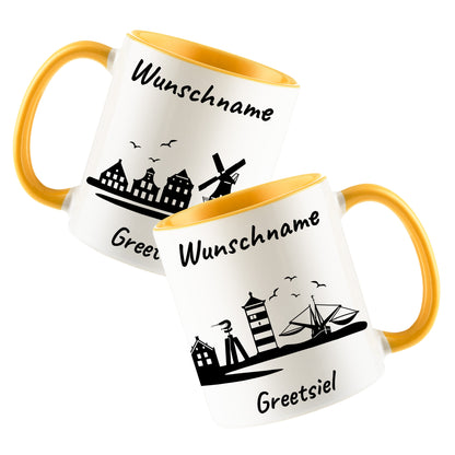 Tasse in Goldgelb 330ml bedruckt mit der Skyline von Greetsiel personalisierbar mit Wunschname