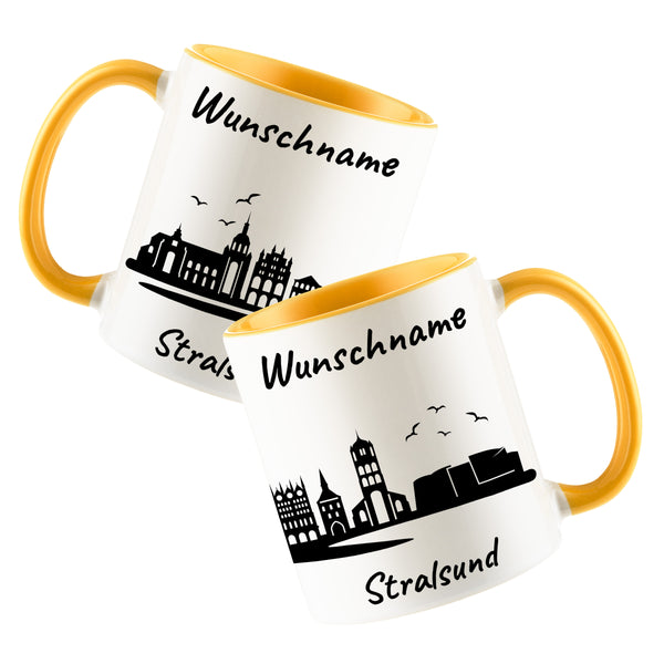Tasse in Goldgelb 330ml bedruckt mit der Skyline von Stralsund personalisierbar mit Wunschname