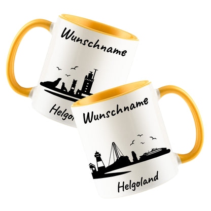 Tasse in Goldgelb 330ml bedruckt mit der Skyline von Helgoland personalisierbar mit Wunschname