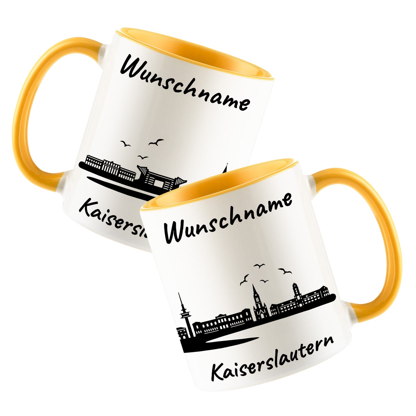 Tasse in Goldgelb 330ml bedruckt mit der Skyline von Kaiserslautern personalisierbar mit Wunschname