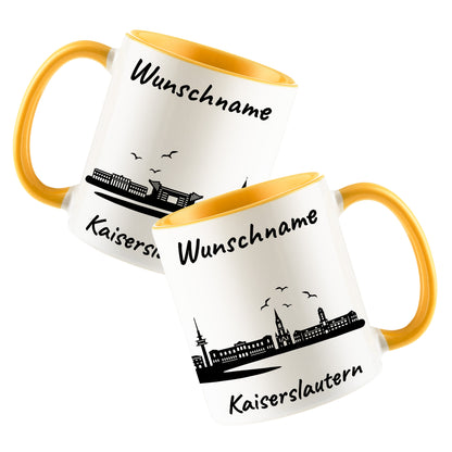 Tasse in Goldgelb 330ml bedruckt mit der Skyline von Kaiserslautern personalisierbar mit Wunschname