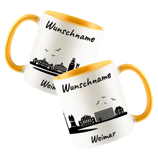 Tasse in Goldgelb 330ml bedruckt mit der Skyline von Weimar personalisierbar mit Wunschname