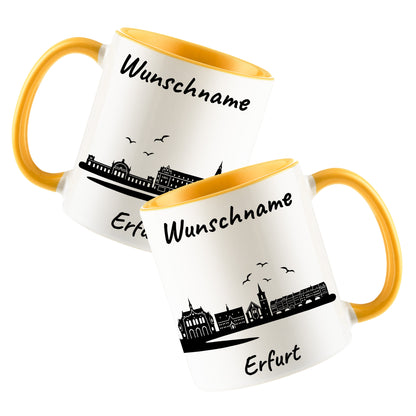 Tasse in Goldgelb 330ml bedruckt mit der Skyline von Erfurt personalisierbar mit Wunschname
