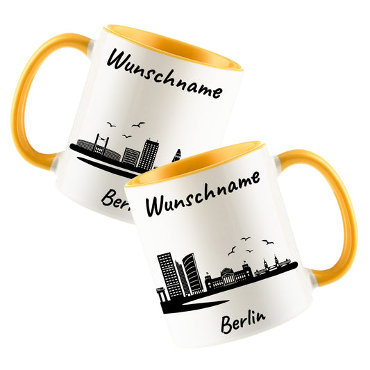 Tasse in Goldgelb 330ml bedruckt mit der Skyline von Berlin personalisierbar mit Wunschname