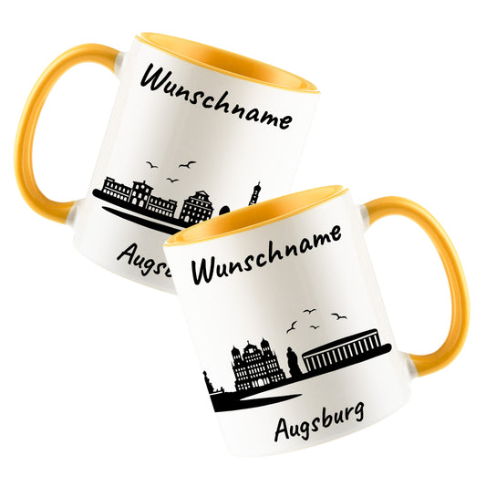 Tasse in Goldgelb 330ml bedruckt mit der Skyline von Augsburg personalisierbar mit Wunschname