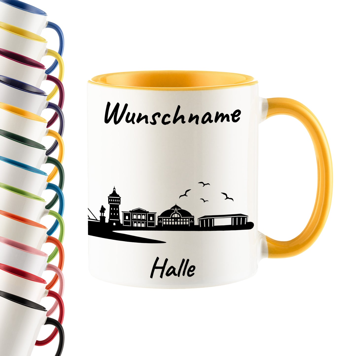 Tasse in Goldgelb 330ml bedruckt mit der Skyline von Halle personalisierbar mit Wunschname
