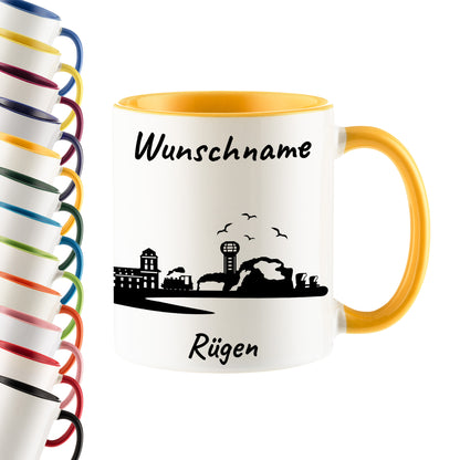 Tasse in Goldgelb 330ml bedruckt mit der Skyline von Rügen personalisierbar mit Wunschname