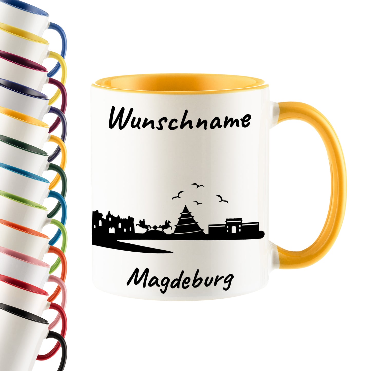 Tasse in Goldgelb 330ml bedruckt mit der Skyline von Magdeburg personalisierbar mit Wunschname