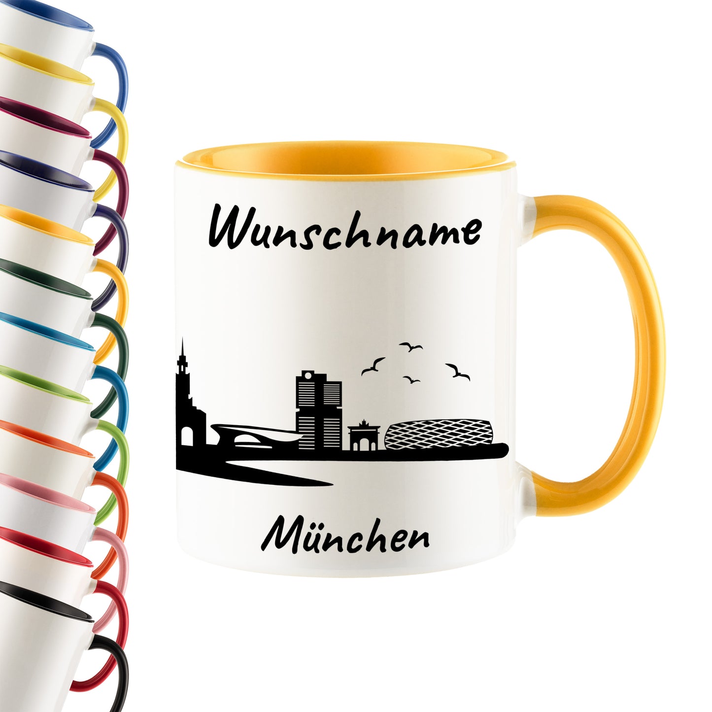 Tasse in Goldgelb 330ml bedruckt mit der Skyline von München personalisierbar mit Wunschname