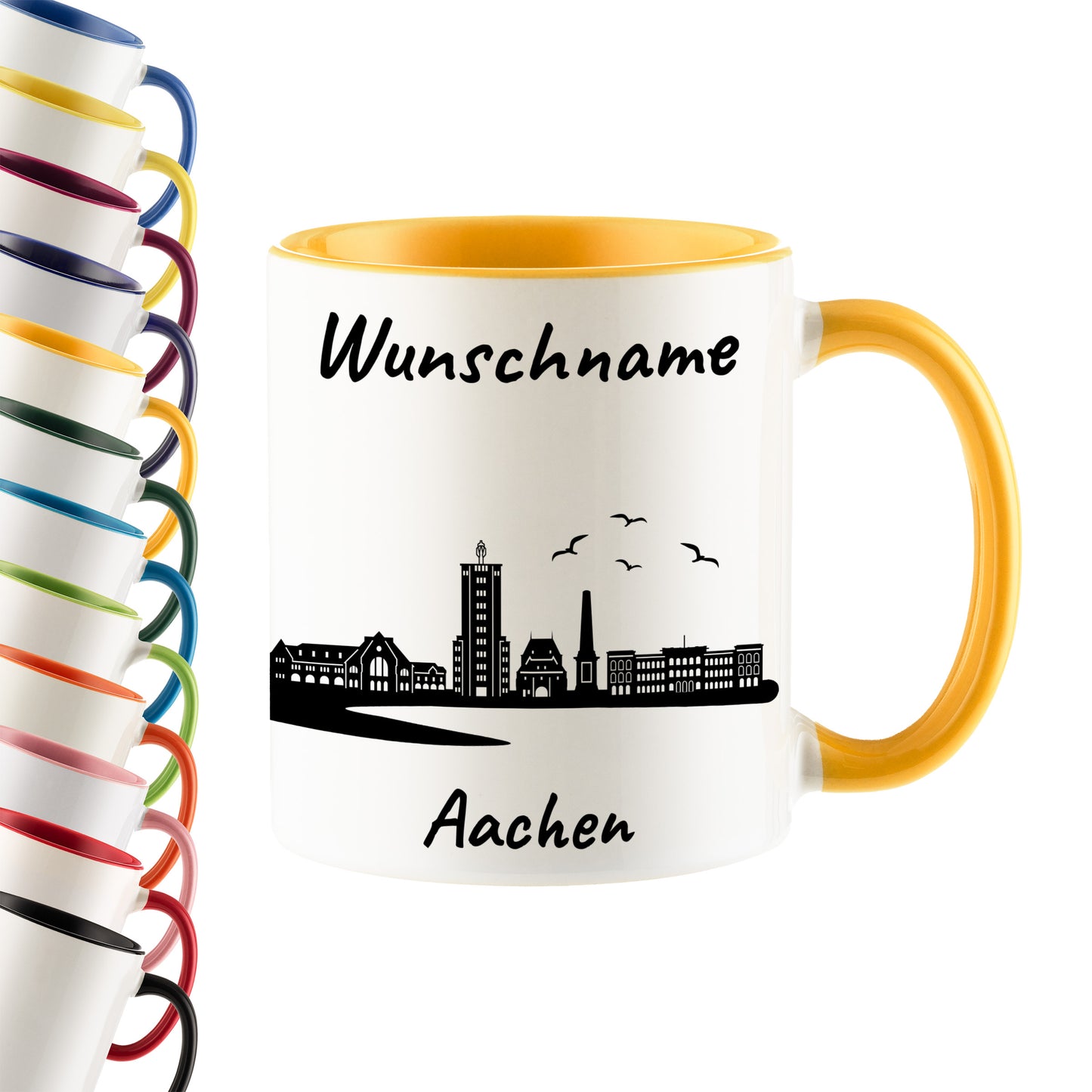 Tasse in Goldgelb 330ml bedruckt mit der Skyline von Aachen personalisierbar mit Wunschname