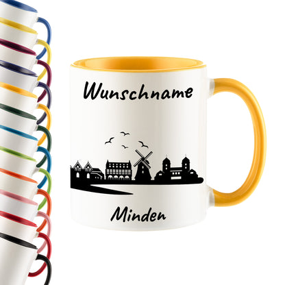Tasse in Goldgelb 330ml bedruckt mit der Skyline von Minden personalisierbar mit Wunschname