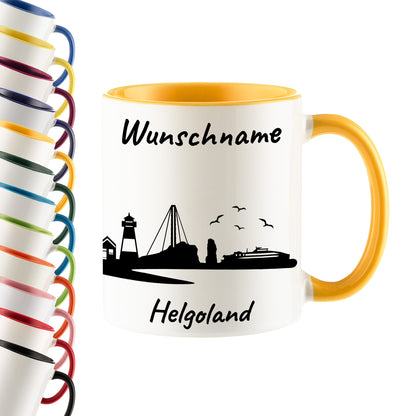 Tasse in Goldgelb 330ml bedruckt mit der Skyline von Helgoland personalisierbar mit Wunschname