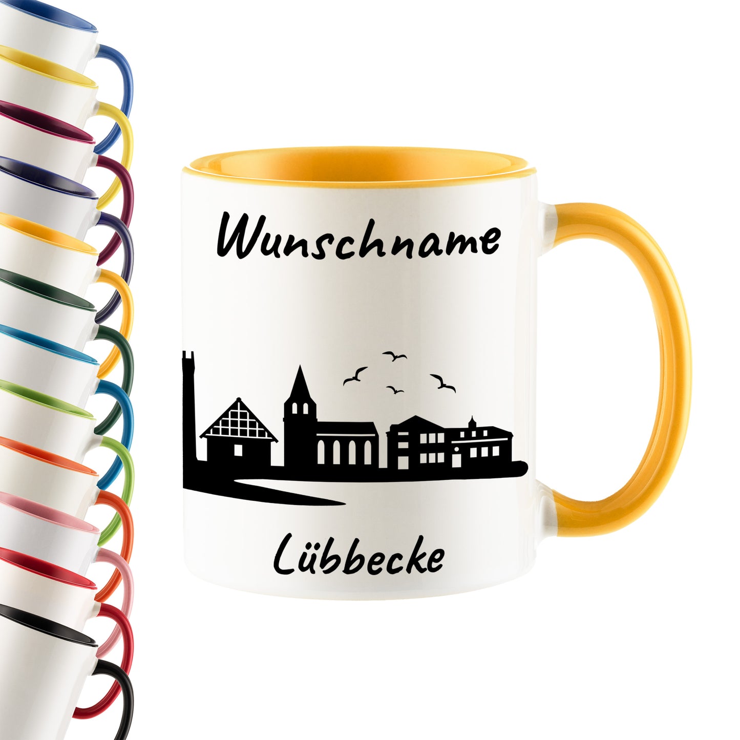 Tasse in Goldgelb 330ml bedruckt mit der Skyline von Lübbecke personalisierbar mit Wunschname