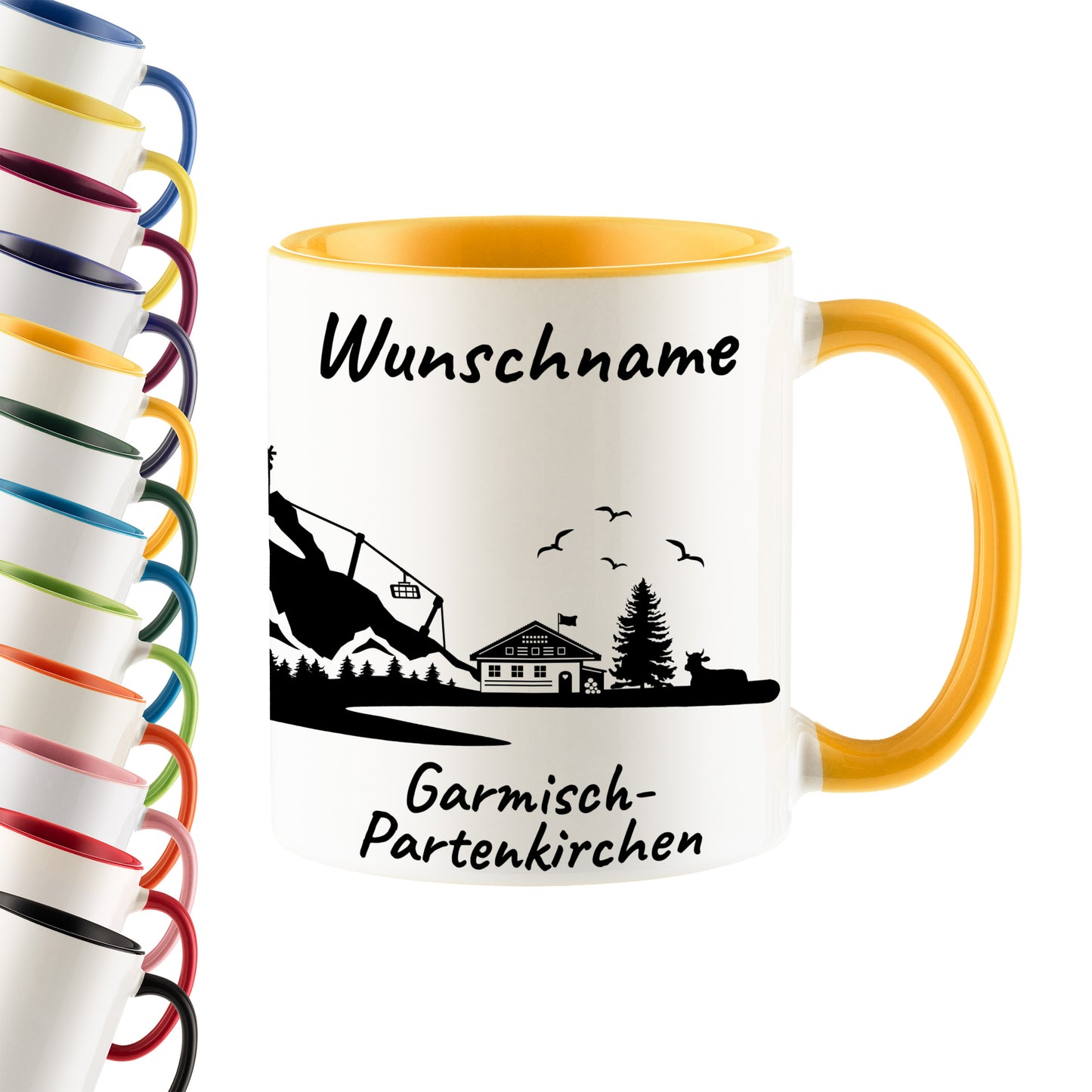 Tasse in Goldgelb 330ml bedruckt mit der Skyline von Garmisch-Partenkirchen personalisierbar mit Wunschname