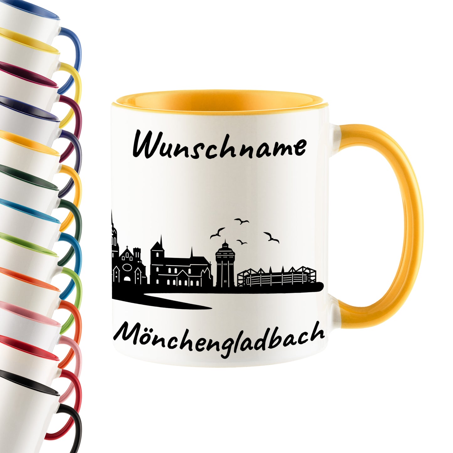 Tasse in Goldgelb 330ml bedruckt mit der Skyline von Mönchengladbach personalisierbar mit Wunschname