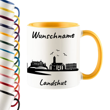 Tasse in Goldgelb 330ml bedruckt mit der Skyline von Landshut personalisierbar mit Wunschname