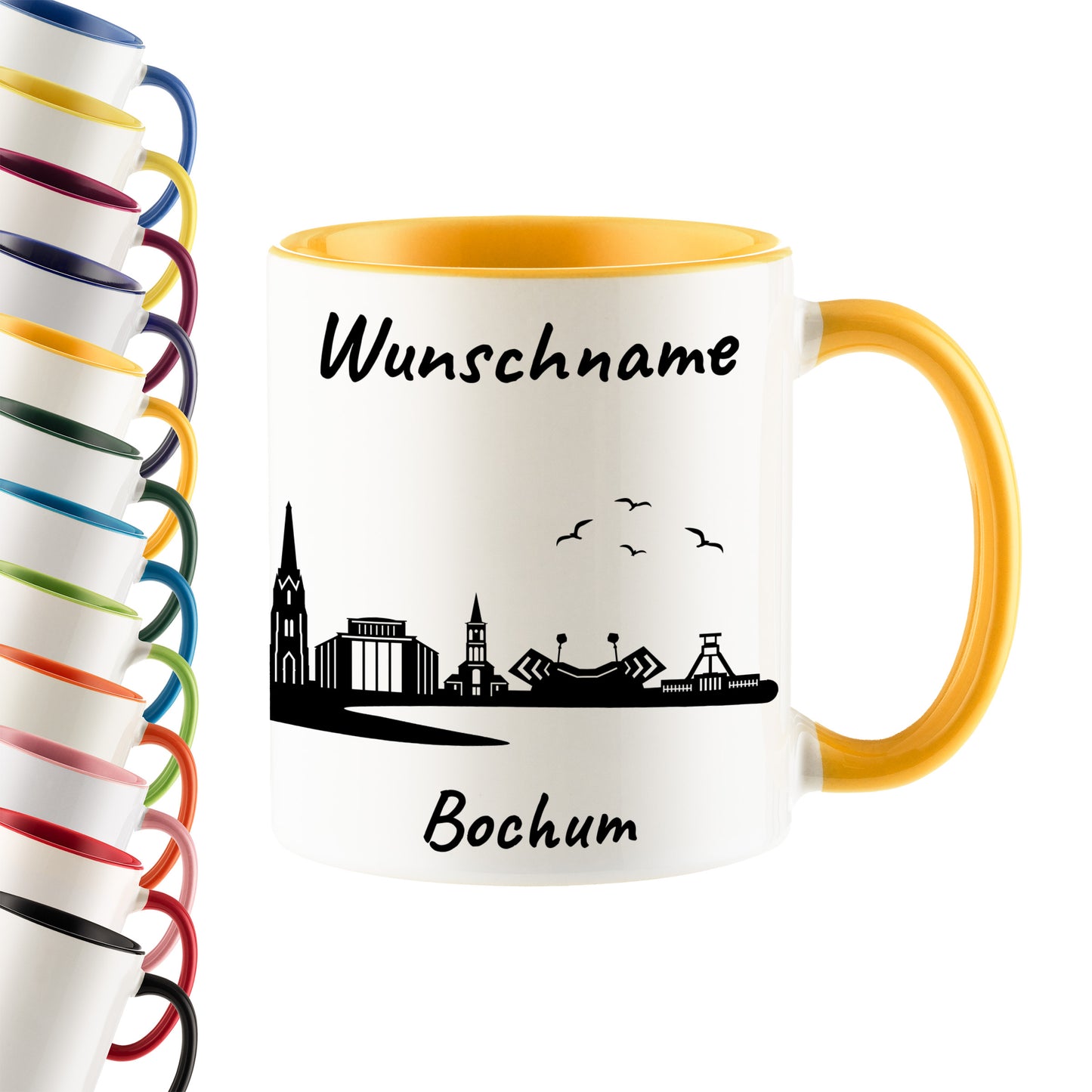 Tasse in Goldgelb 330ml bedruckt mit der Skyline von Bochum personalisierbar mit Wunschname
