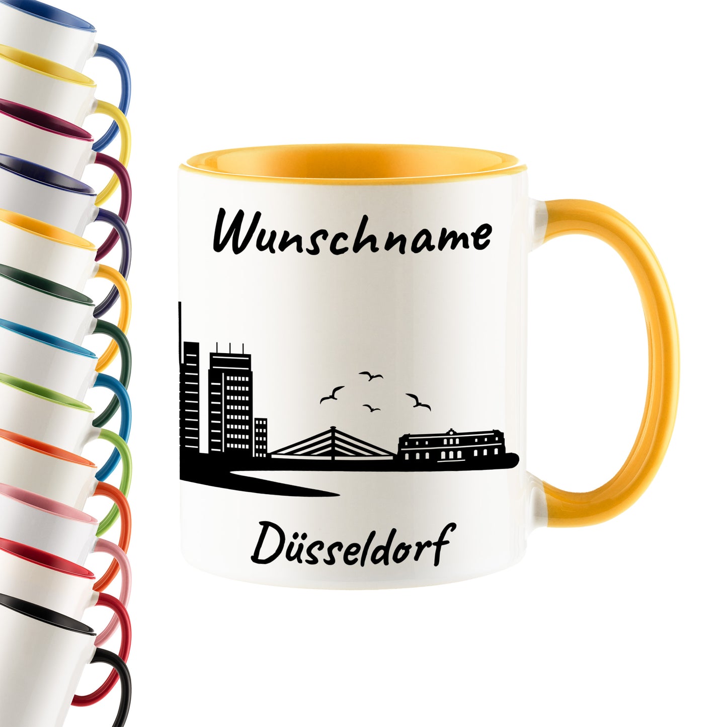 Tasse in Goldgelb 330ml bedruckt mit der Skyline von Düsseldorf personalisierbar mit Wunschname