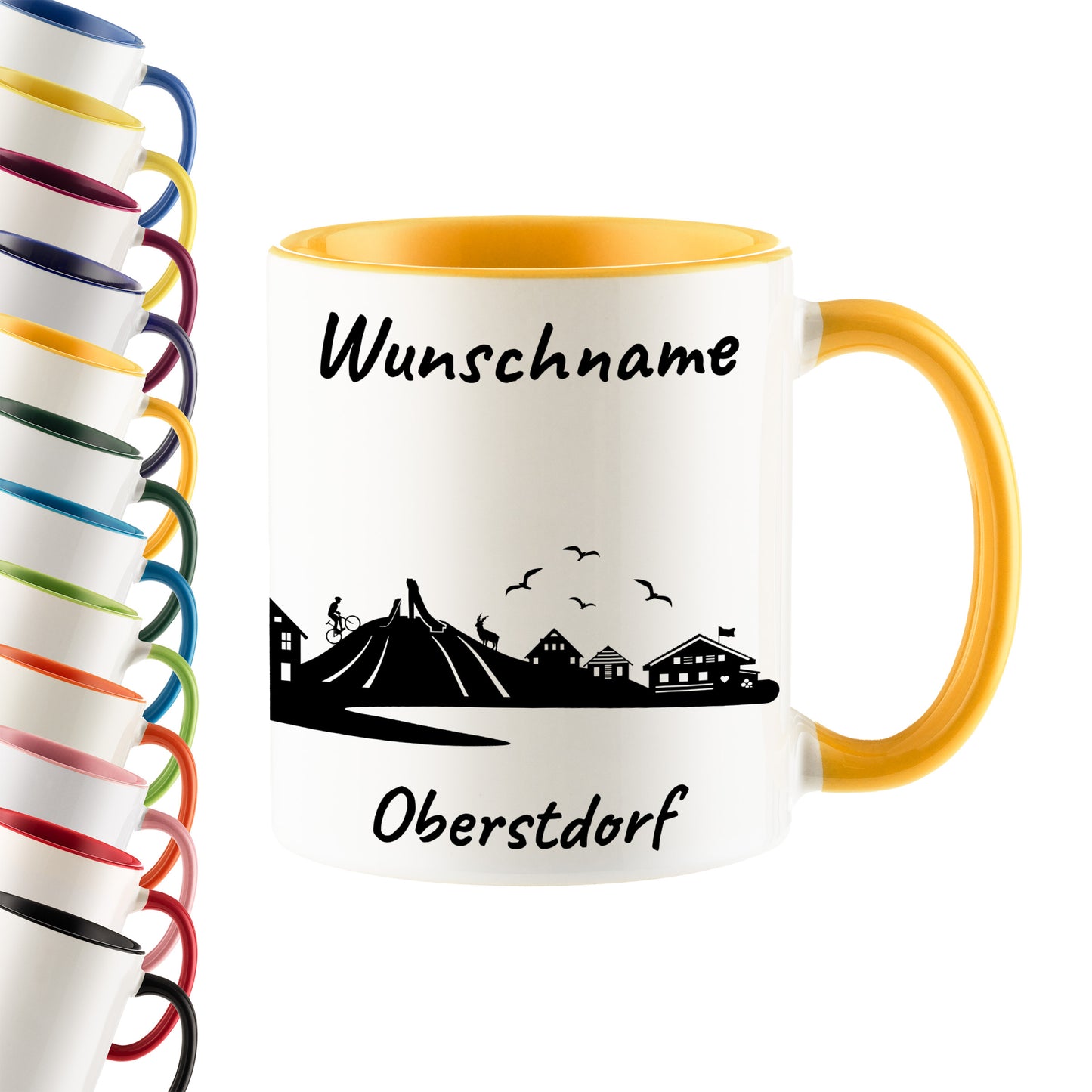 Tasse in Goldgelb 330ml bedruckt mit der Skyline von Oberstdorf personalisierbar mit Wunschname