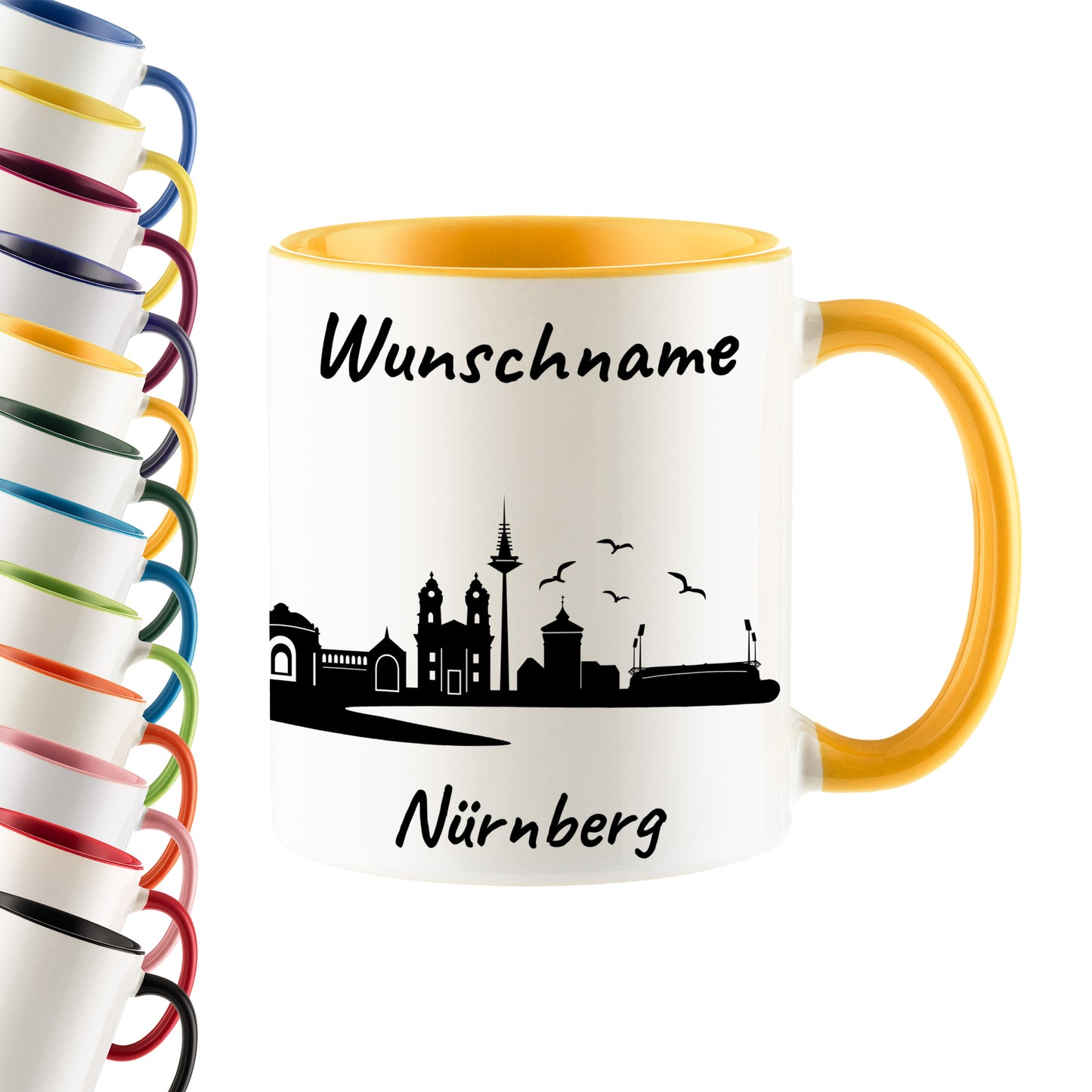 Tasse in Goldgelb 330ml bedruckt mit der Skyline von Nürnberg personalisierbar mit Wunschname