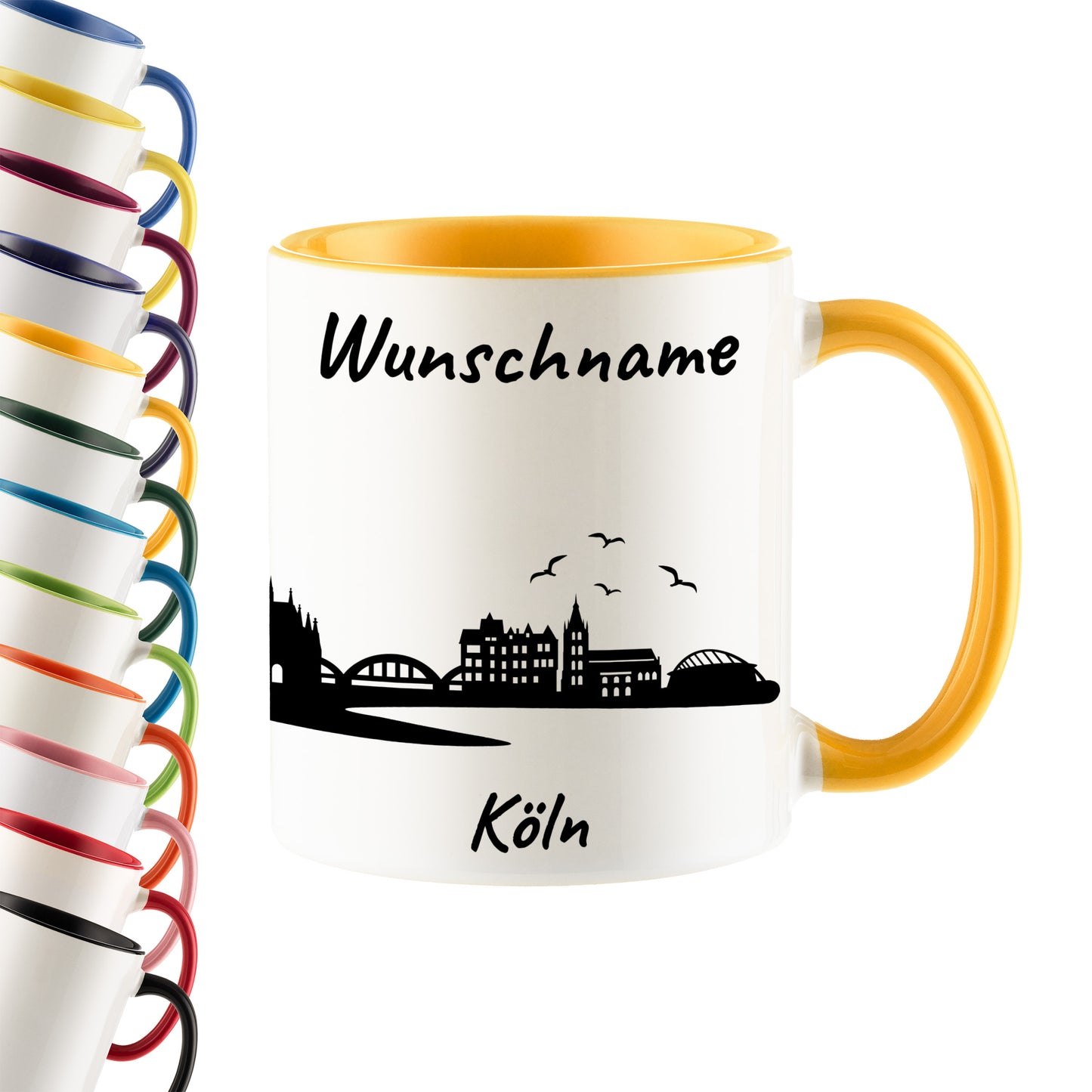 Tasse in Goldgelb 330ml bedruckt mit der Skyline von Köln personalisierbar mit Wunschname