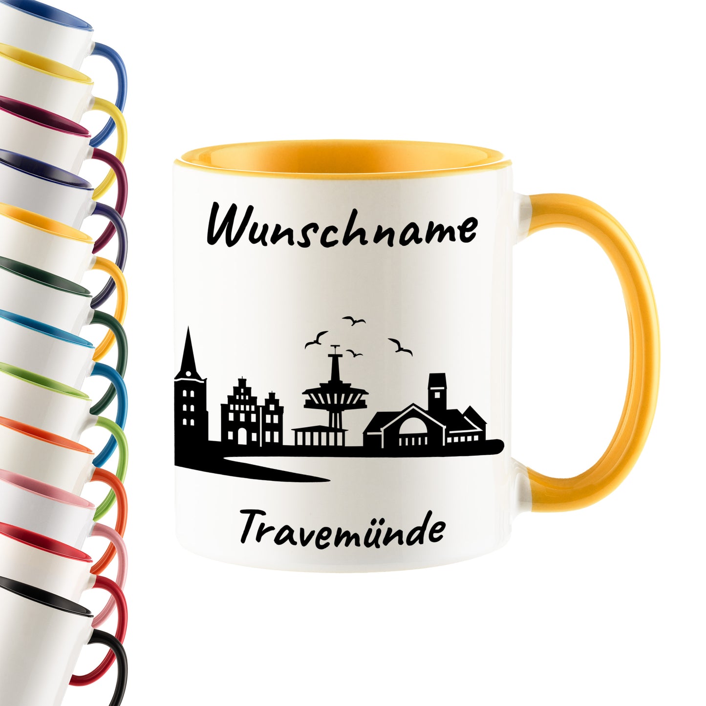 Tasse in Goldgelb 330ml bedruckt mit der Skyline von Travemünde personalisierbar mit Wunschname