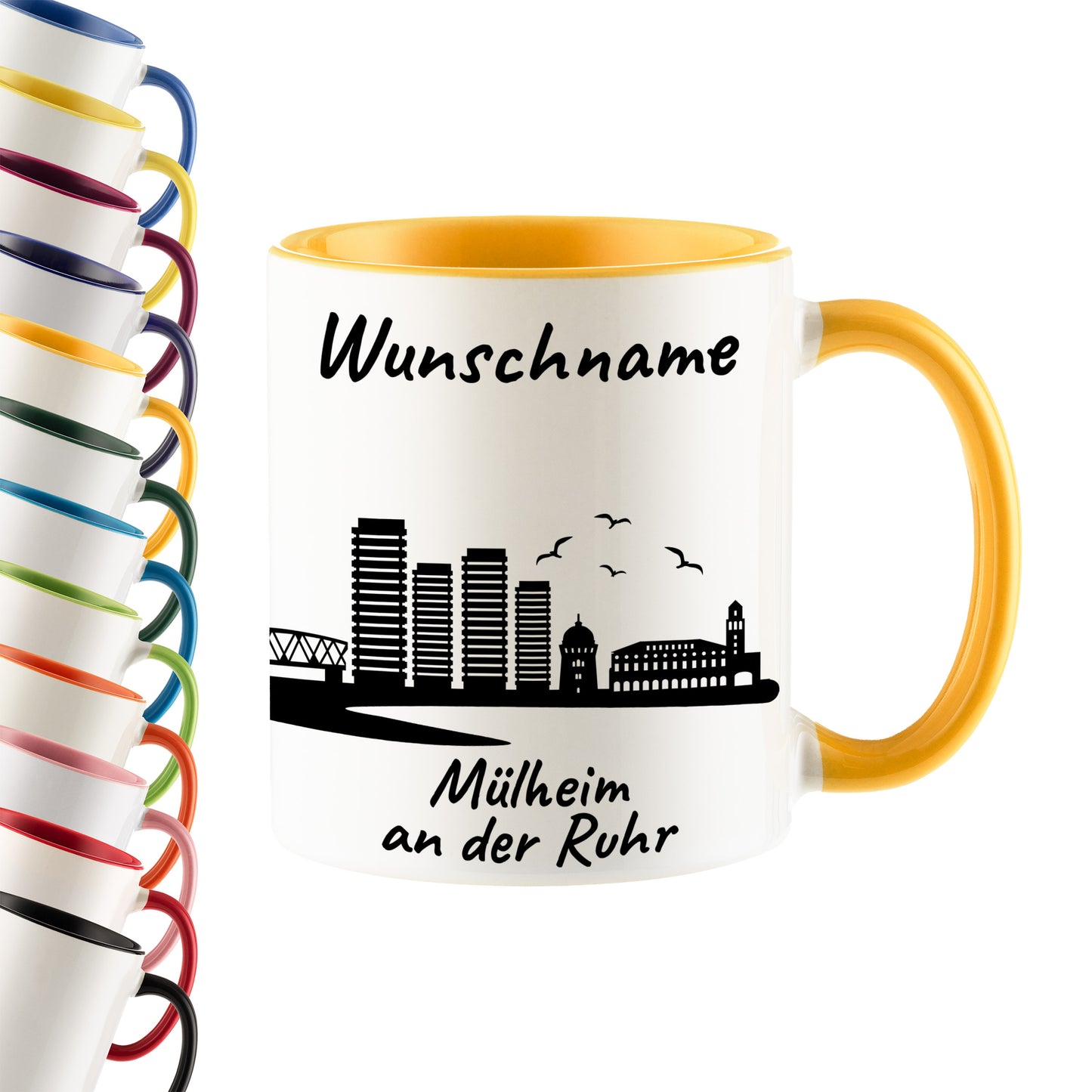 Tasse in Goldgelb 330ml bedruckt mit der Skyline von Mülheim an der Ruhr personalisierbar mit Wunschname