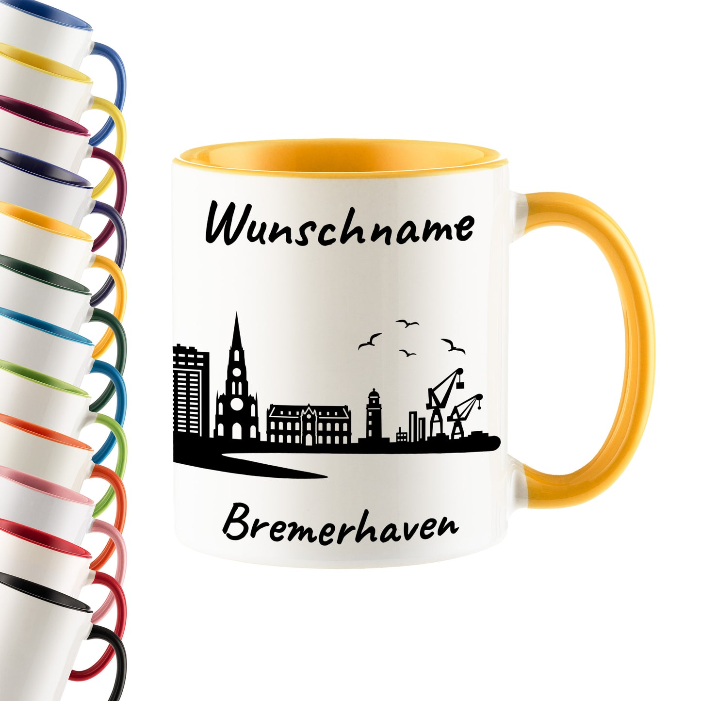 Tasse in Goldgelb 330ml bedruckt mit der Skyline von Bremerhaven personalisierbar mit Wunschname