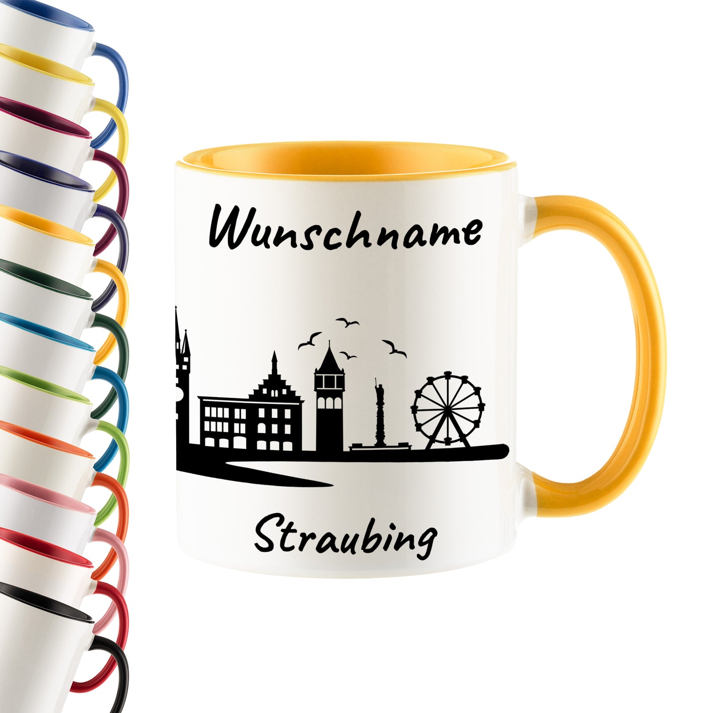 Tasse in Goldgelb 330ml bedruckt mit der Skyline von Straubing personalisierbar mit Wunschname