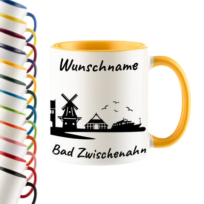 Tasse in Goldgelb 330ml bedruckt mit der Skyline von Bad Zwischenahn personalisierbar mit Wunschname