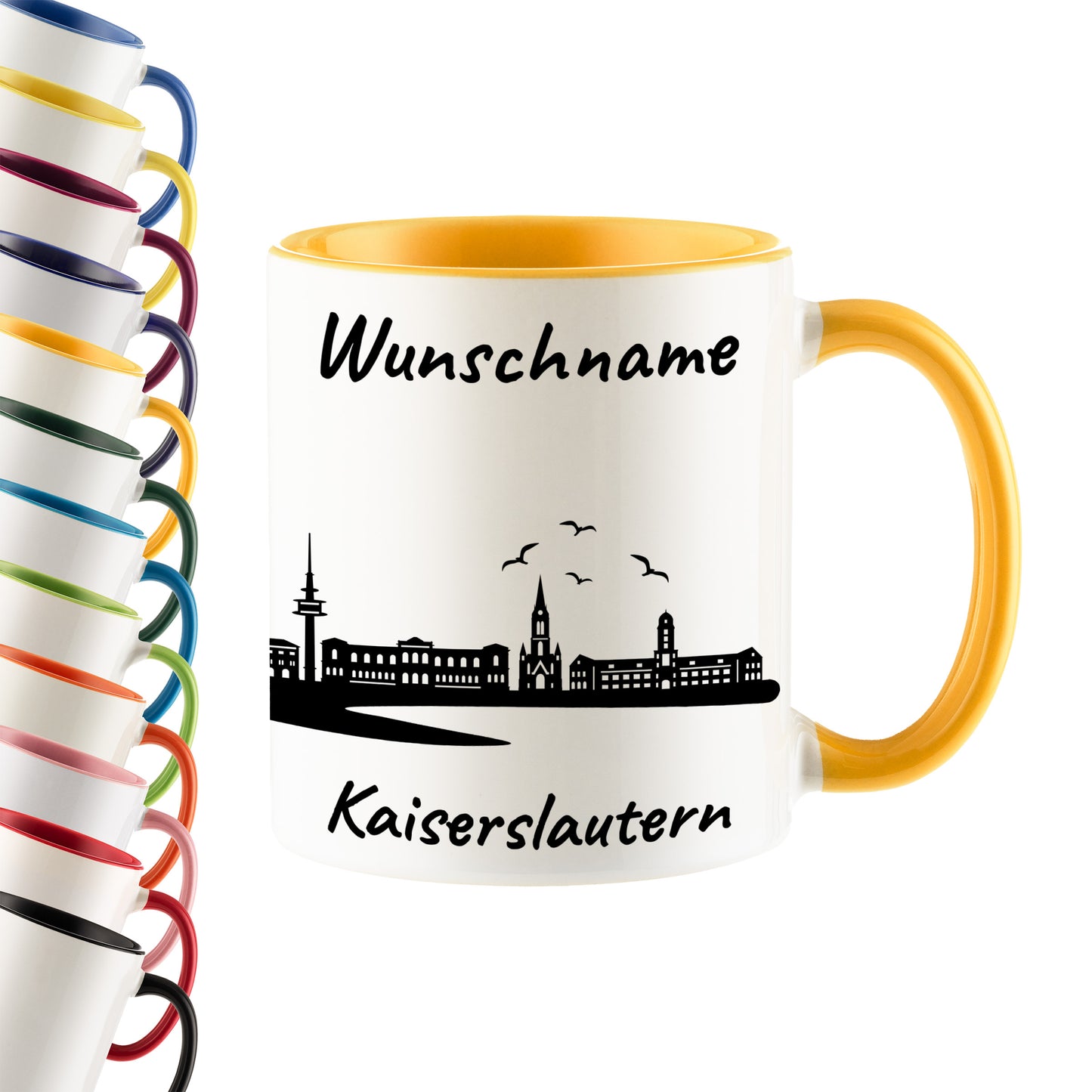 Tasse in Goldgelb 330ml bedruckt mit der Skyline von Kaiserslautern personalisierbar mit Wunschname