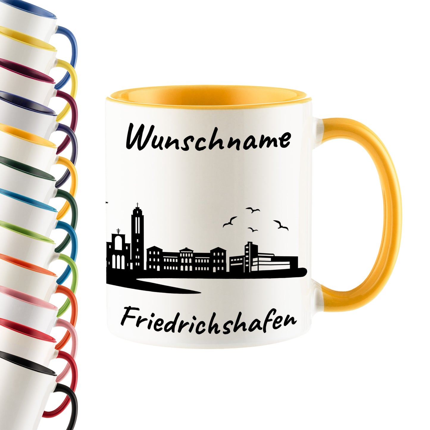 Tasse in Goldgelb 330ml bedruckt mit der Skyline von Friedrichshafen personalisierbar mit Wunschname