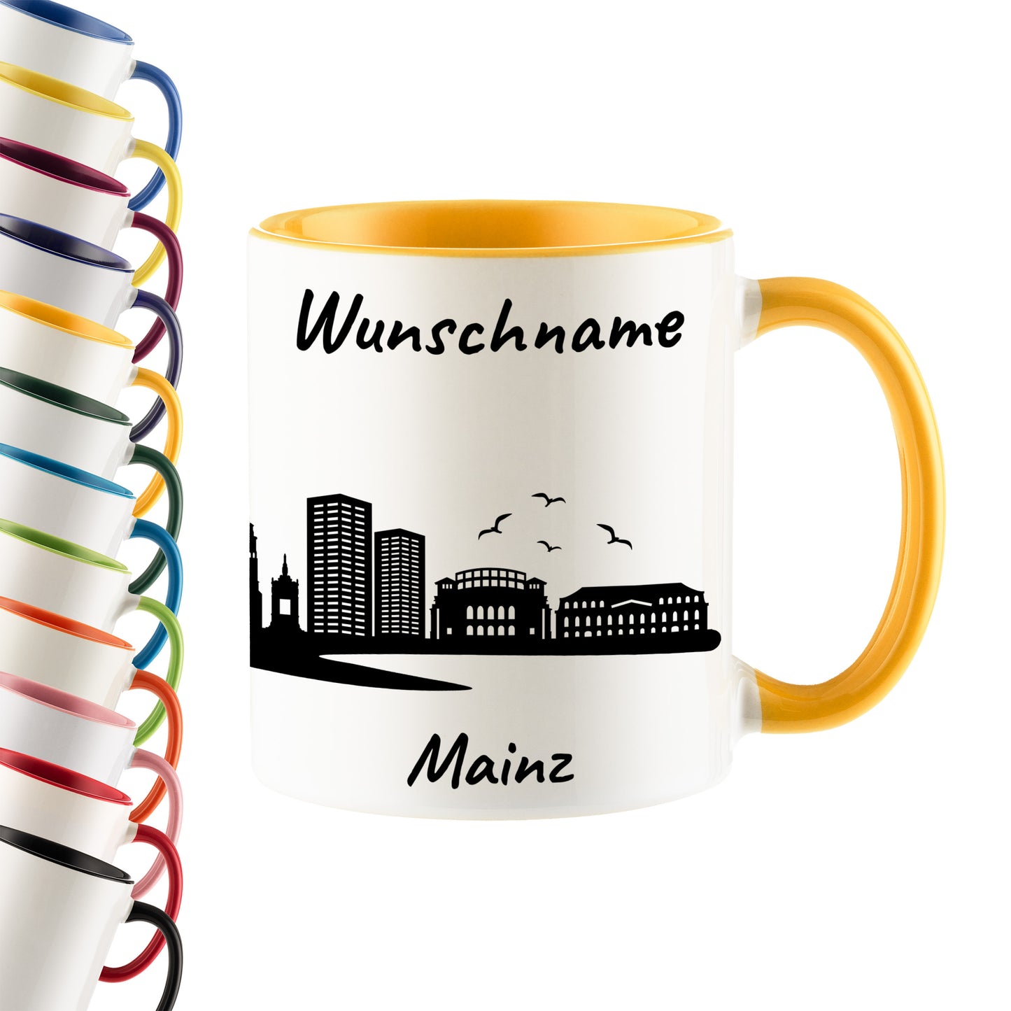 Tasse in Goldgelb 330ml bedruckt mit der Skyline von Mainz personalisierbar mit Wunschname