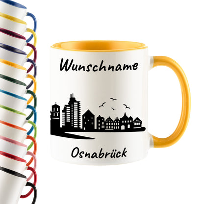 Tasse in Goldgelb 330ml bedruckt mit der Skyline von Osnabrück personalisierbar mit Wunschname