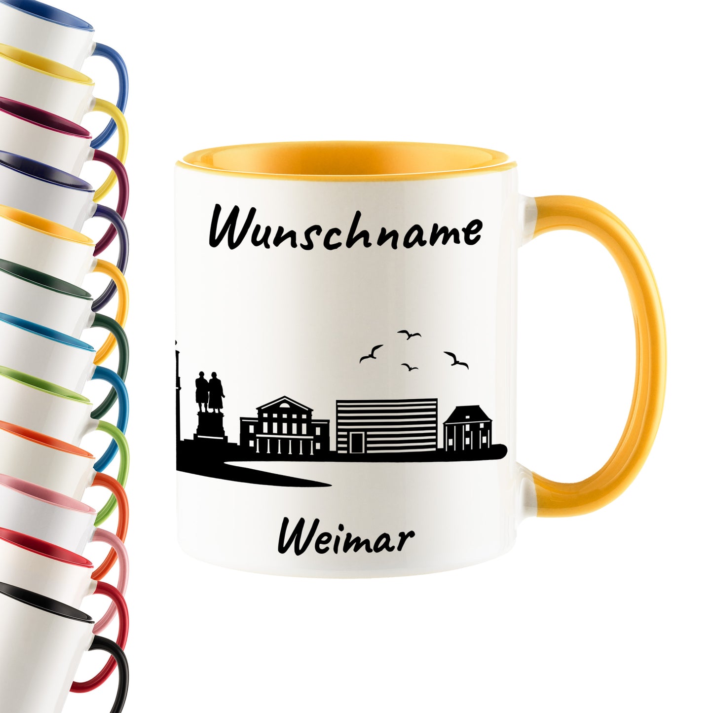 Tasse in Goldgelb 330ml bedruckt mit der Skyline von Weimar personalisierbar mit Wunschname