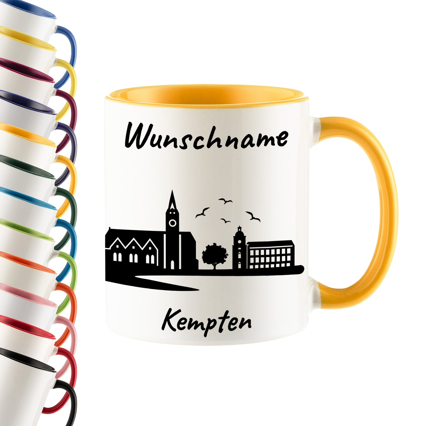 Tasse in Goldgelb 330ml bedruckt mit der Skyline von Kempten personalisierbar mit Wunschname