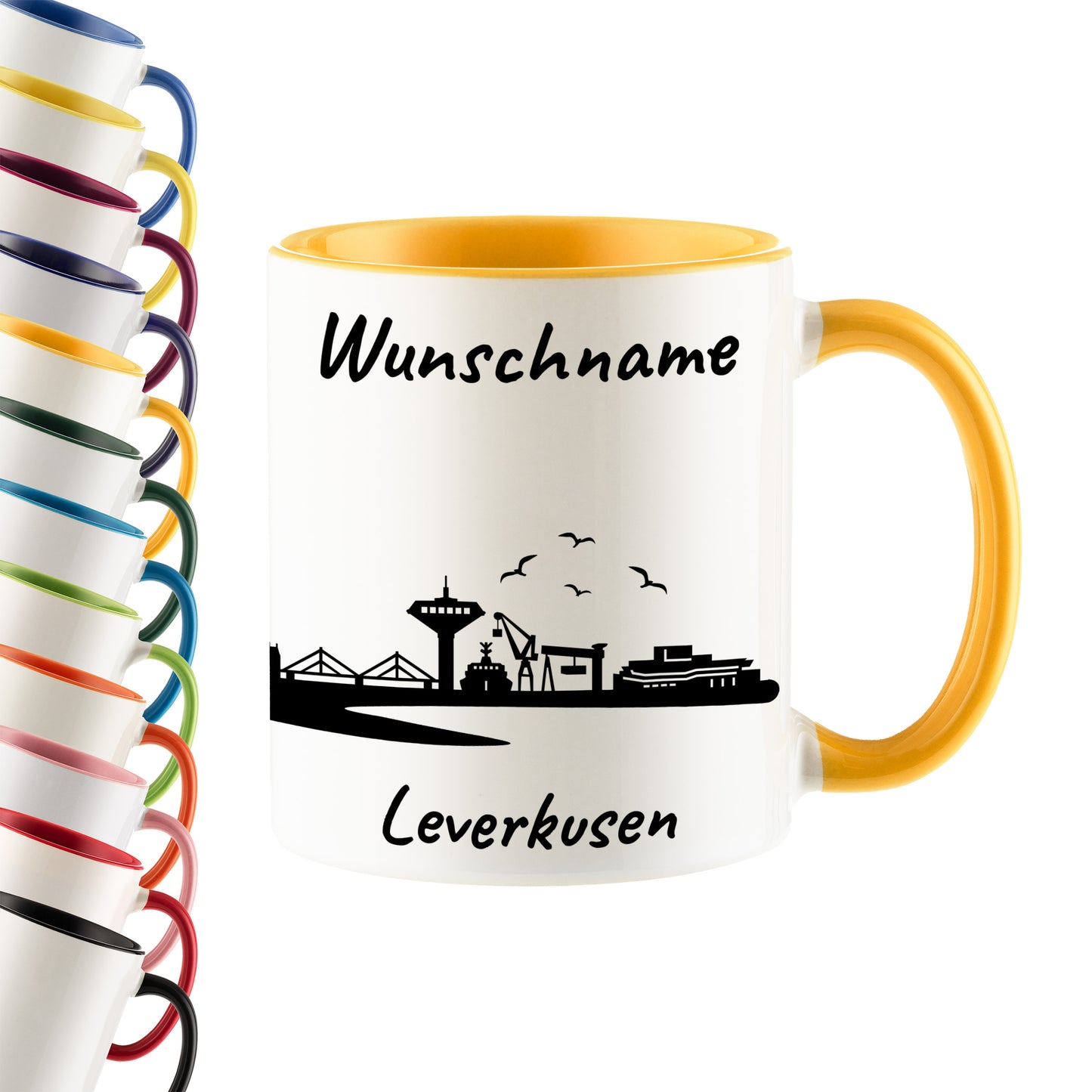 Tasse in Goldgelb 330ml bedruckt mit der Skyline von Leverkusen personalisierbar mit Wunschname