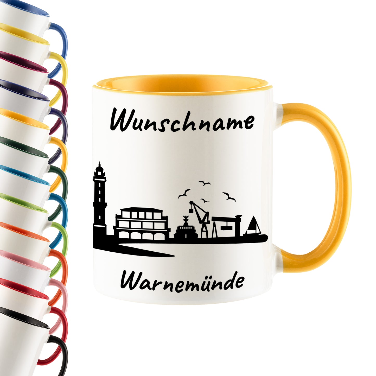 Tasse in Goldgelb 330ml bedruckt mit der Skyline von Warnemünde personalisierbar mit Wunschname