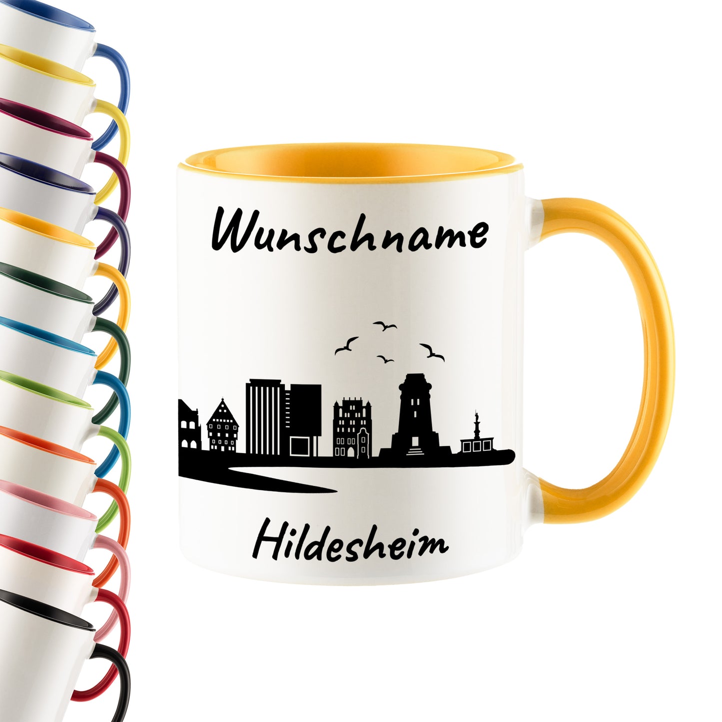 Tasse in Goldgelb 330ml bedruckt mit der Skyline von Hildesheim personalisierbar mit Wunschname