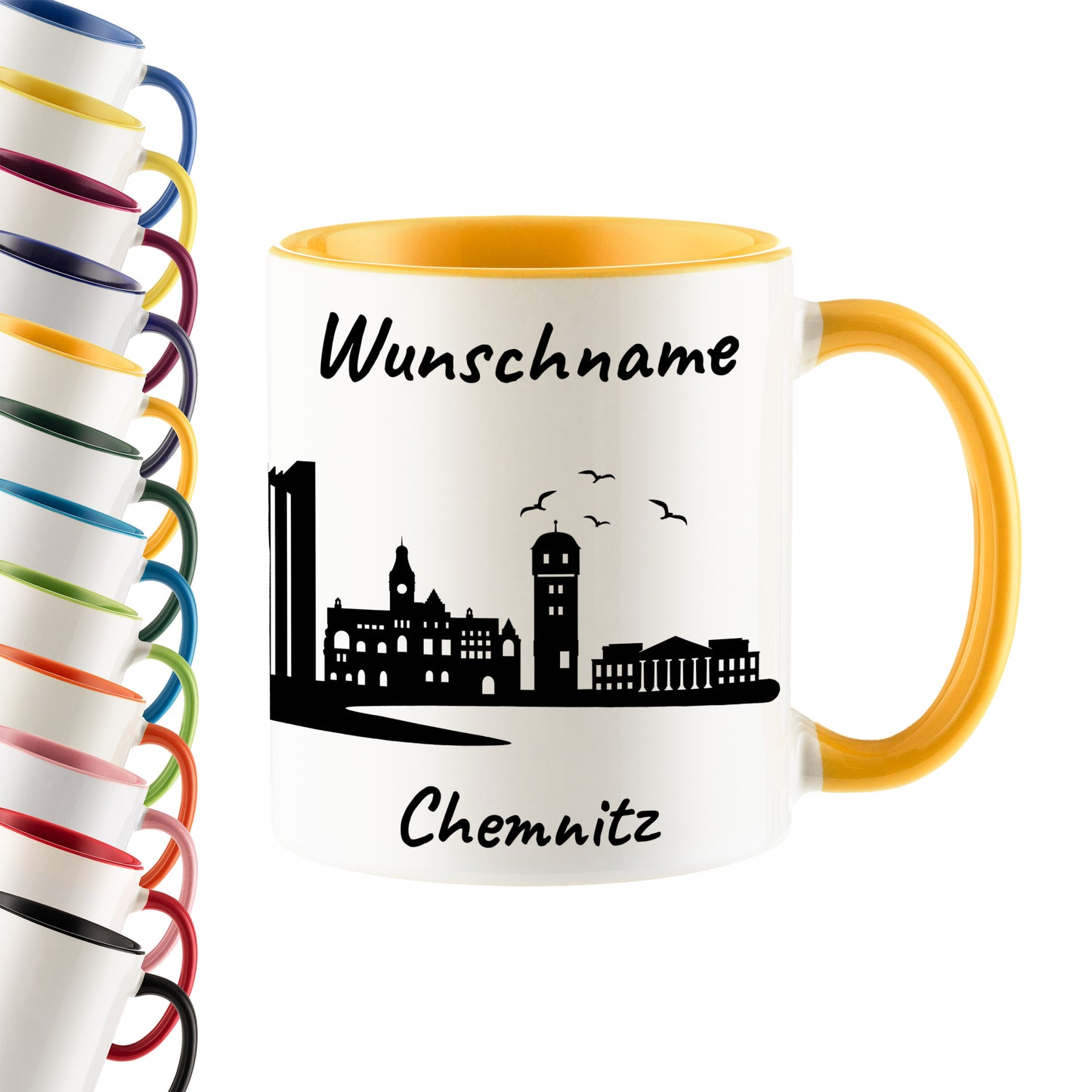 Tasse in Goldgelb 330ml bedruckt mit der Skyline von Chemnitz personalisierbar mit Wunschname