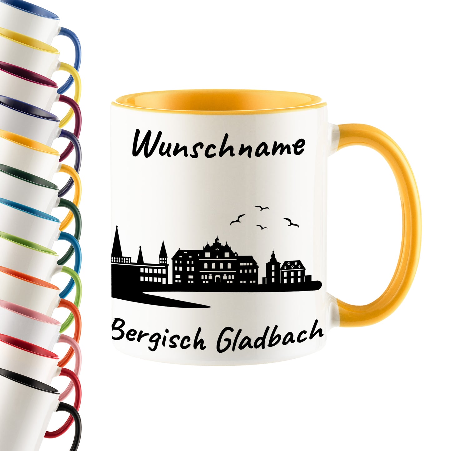 Tasse in Goldgelb 330ml bedruckt mit der Skyline von Bergisch Gladbach personalisierbar mit Wunschname