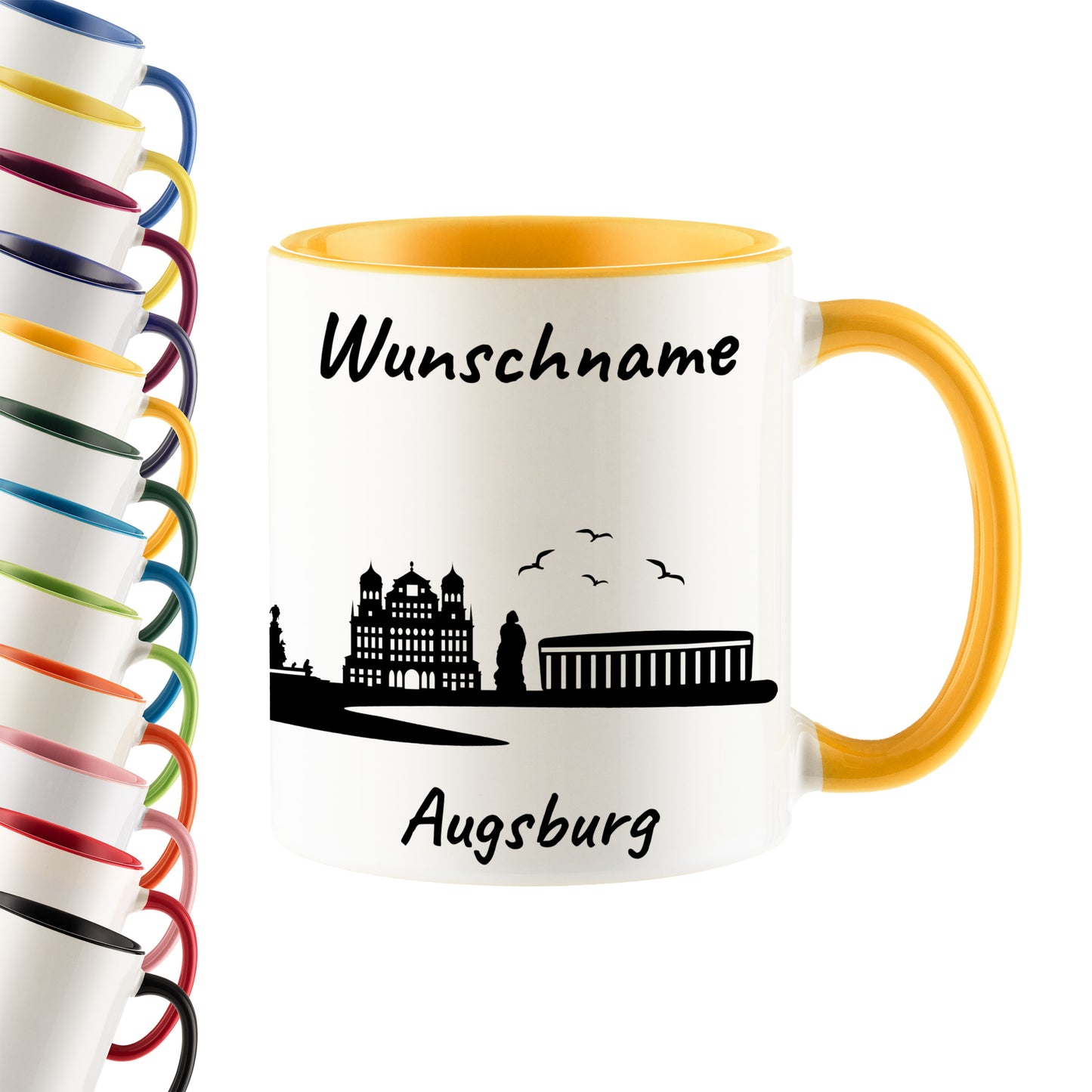 Tasse in Goldgelb 330ml bedruckt mit der Skyline von Augsburg personalisierbar mit Wunschname