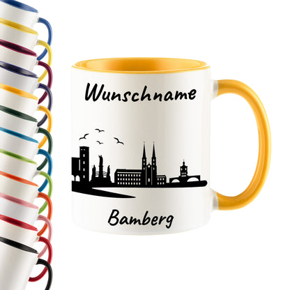 Tasse in Goldgelb 330ml bedruckt mit der Skyline von Bamberg personalisierbar mit Wunschname