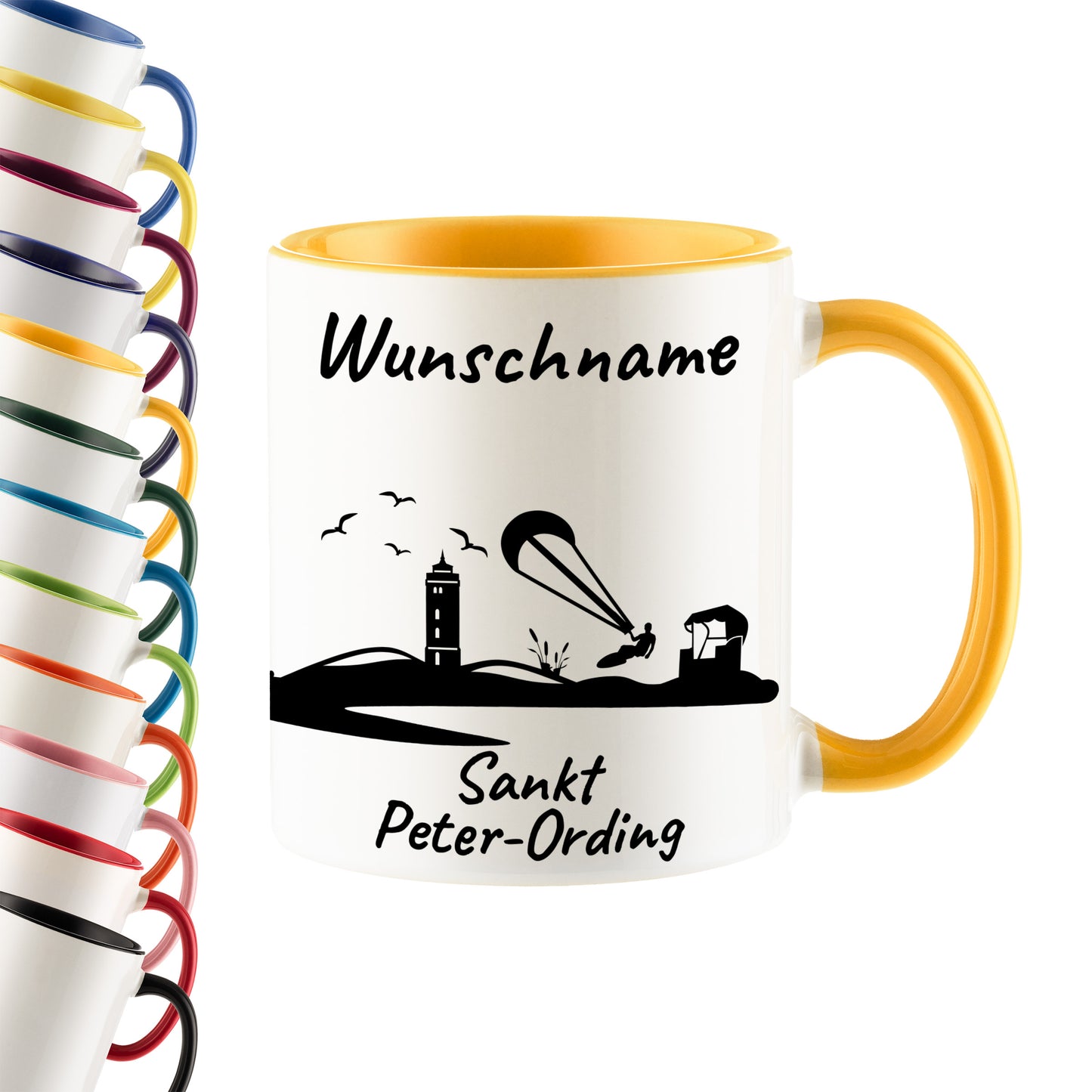 Tasse in Goldgelb 330ml bedruckt mit der Skyline von Sankt Peter-Ording personalisierbar mit Wunschname