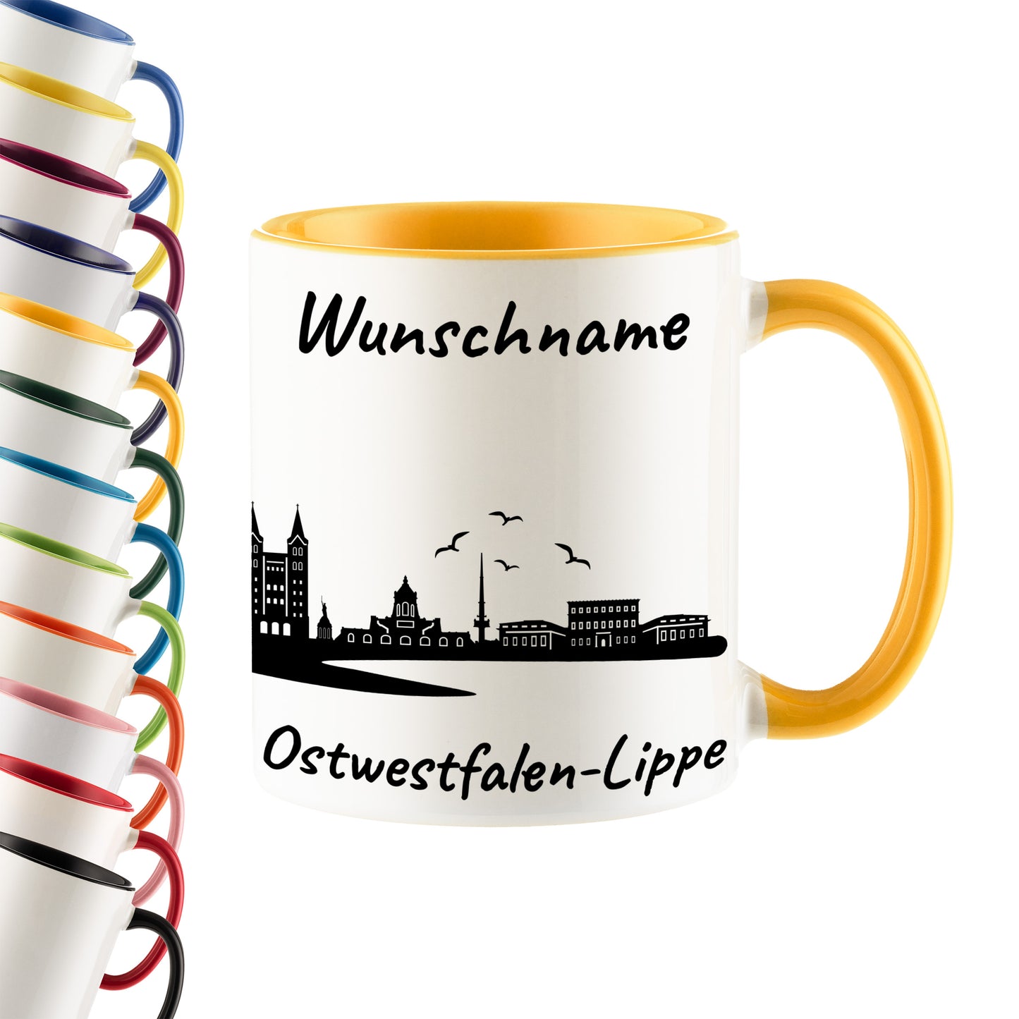 Tasse in Goldgelb 330ml bedruckt mit der Skyline von Ostwestfalen-Lippe personalisierbar mit Wunschname