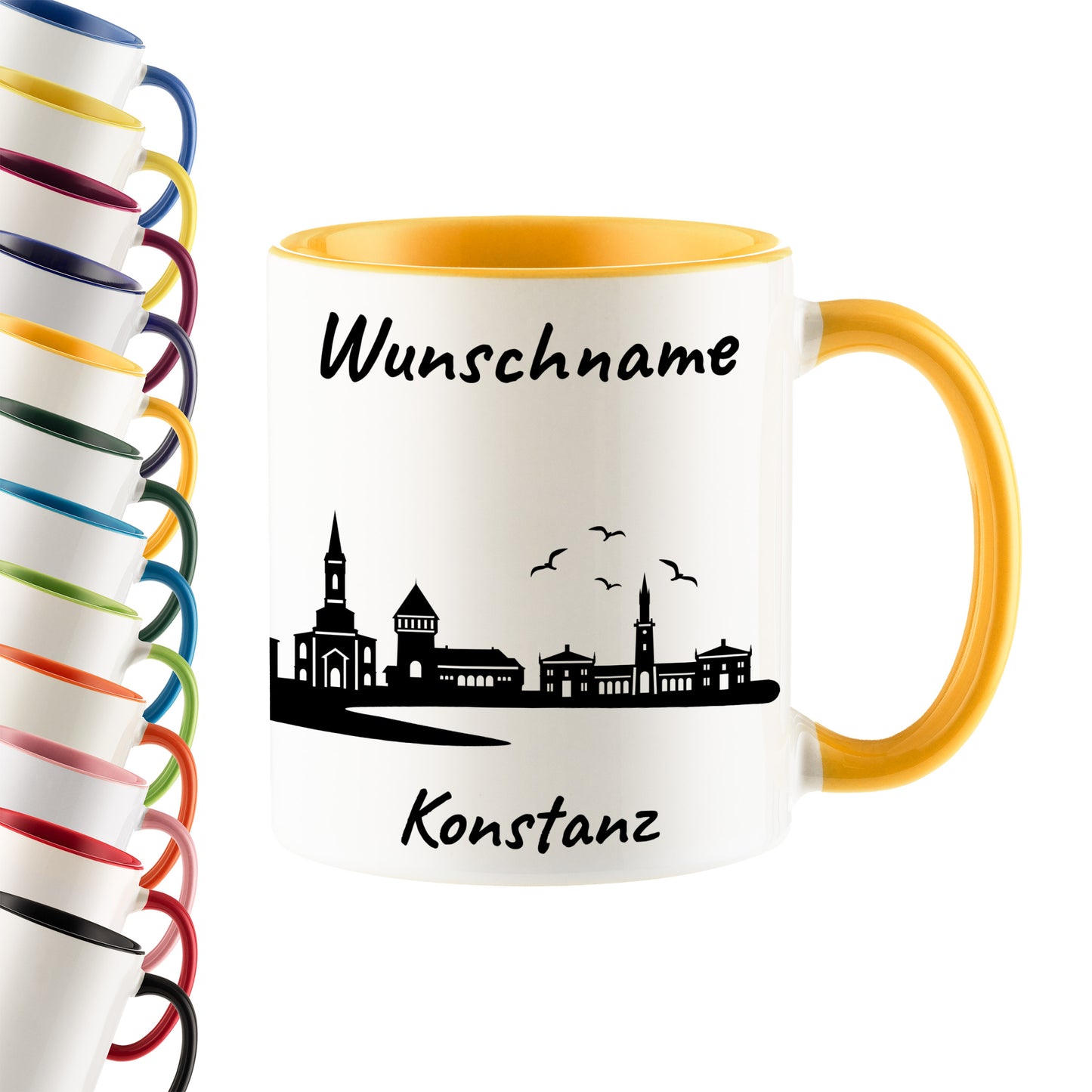 Tasse in Goldgelb 330ml bedruckt mit der Skyline von Konstanz personalisierbar mit Wunschname